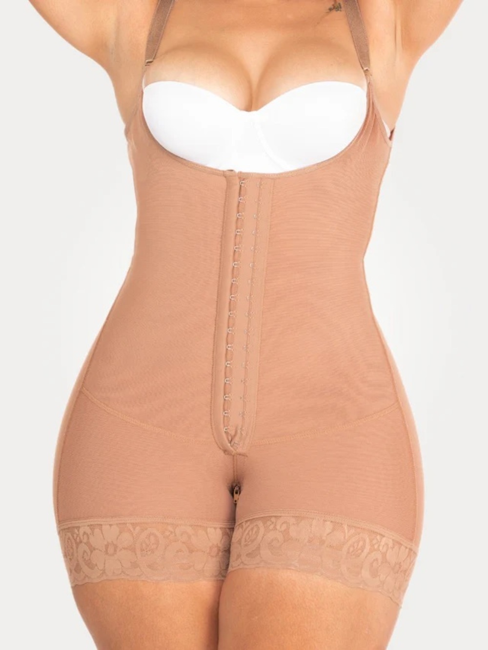 High-Waist Lace Hem Bodysuit Shaper - Nude